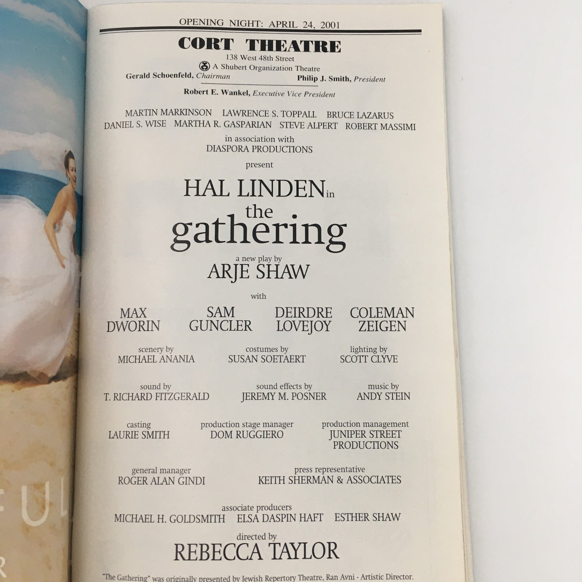 Title page of the 2001 Playbill for 'Hal Linden in The Gathering', showcasing the cast and crew including Hal Linden and the playwright Arje Shaw, from the performance on April 24, 2001.