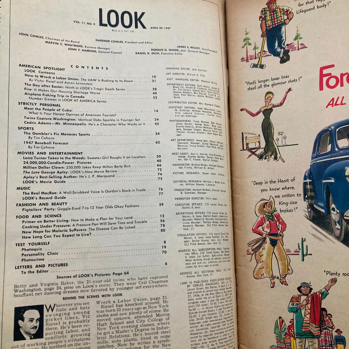 Interior page of VTG Look Magazine April 29, 1947, Vol 11 No. 9 displaying the contents list, indicating diverse articles and features reflective of the era.