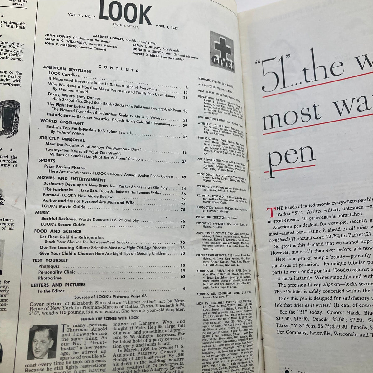VTG Look Magazine April 1 1947 Vol 11 No. 7 Our Ten Leading Killers interior page displaying the table of contents with various articles including health and societal themes from the 1940s.