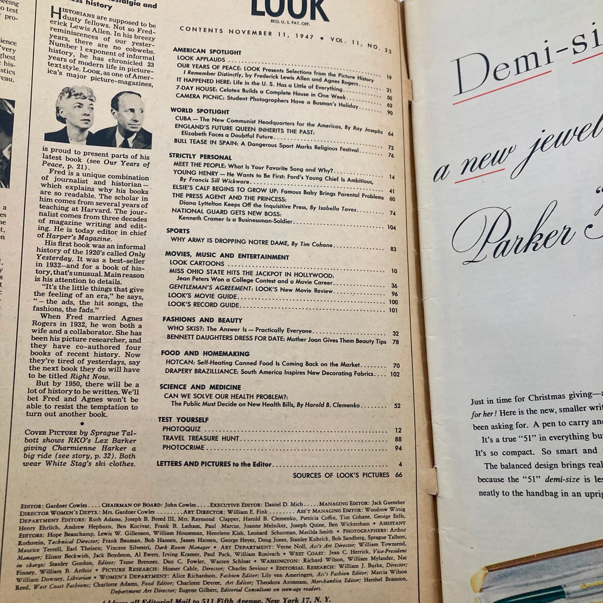 Inside page of VTG Look Magazine November 11 1947, Volume 11, Number 23, featuring contents list with articles on fashion, entertainment, and more, reflecting the cultural trends of the late 1940s.