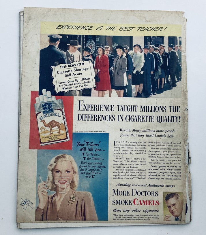 Back cover of VTG Look Magazine April 15 1947 featuring advertisements and historical context, highlighting trends from the late 1940s.