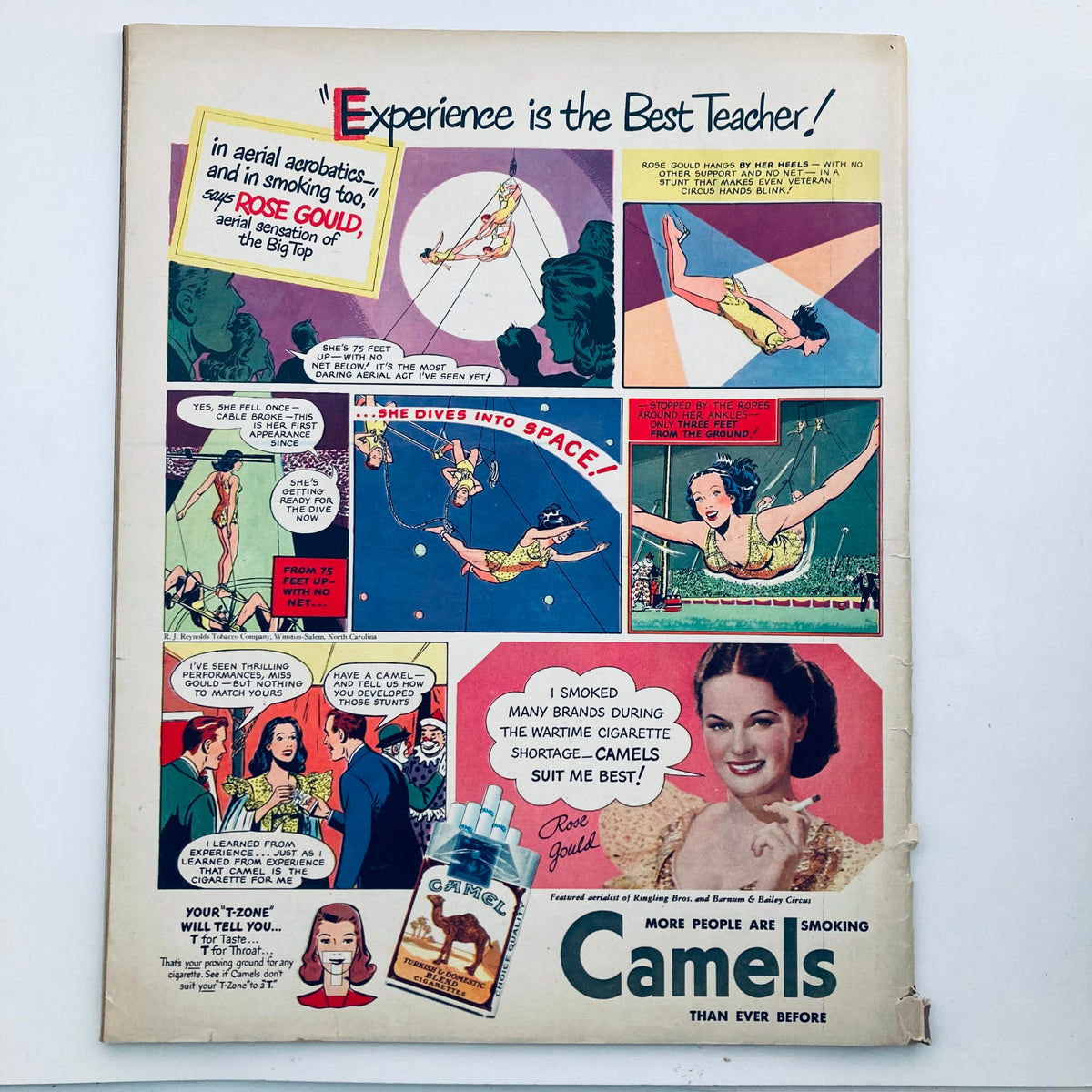 Vintage Look Magazine October 14 1947 featuring Joe Palooka's Life Story with an advertisement for Camel cigarettes and illustrations of Rose Gould's aerial acts.