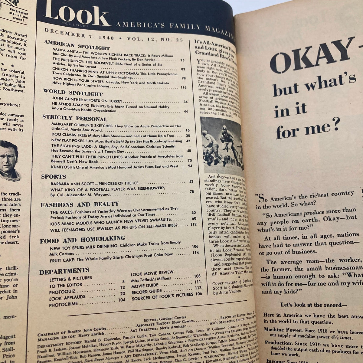 Inside page of VTG Look Magazine December 7 1948, Volume 12, Number 25, displaying the table of contents and highlighting features including Barbara Ann Scott.
