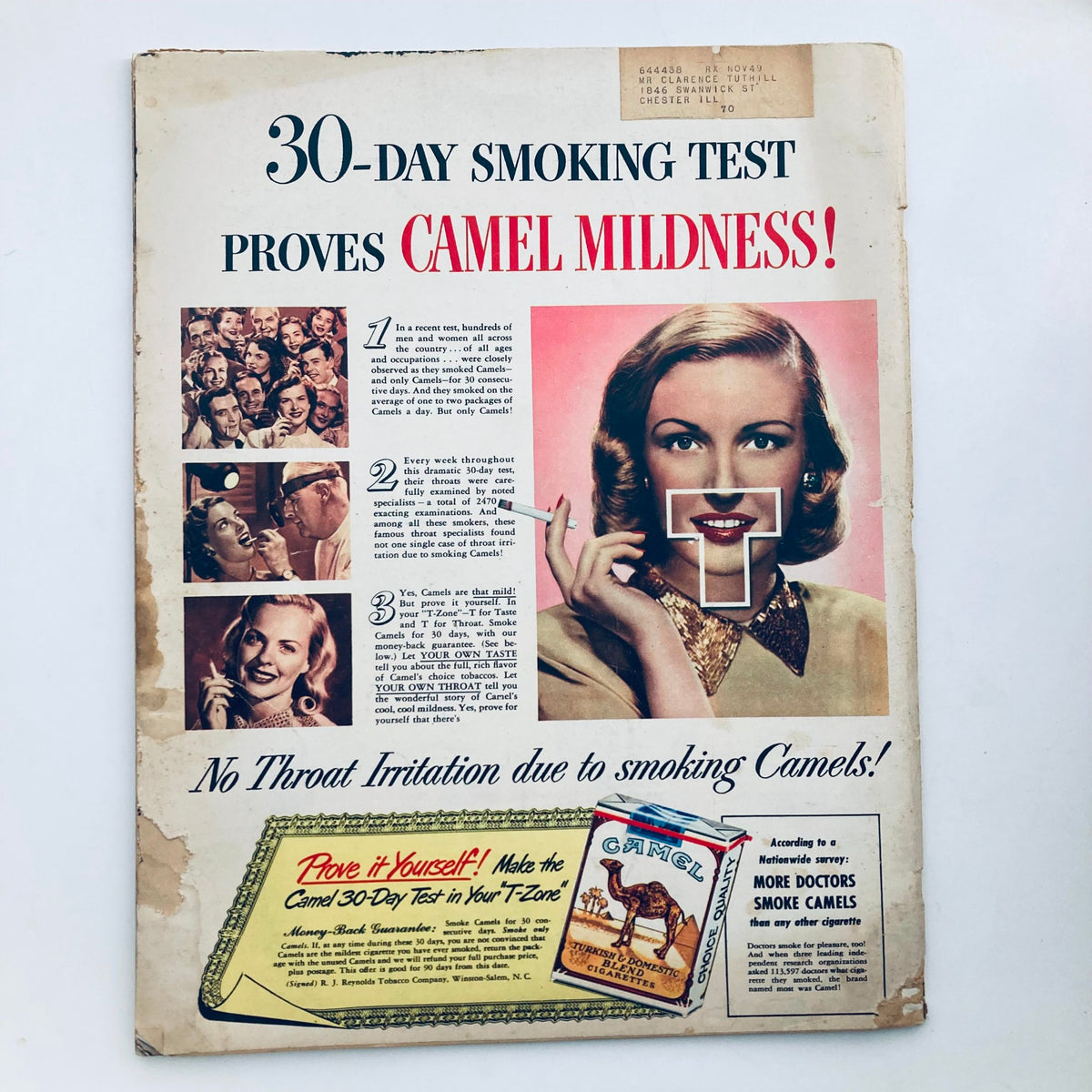 Back cover of VTG Look Magazine December 7 1948, promoting Camel cigarettes with an advertisement for a 30-day smoking test, featuring a glamorous woman.