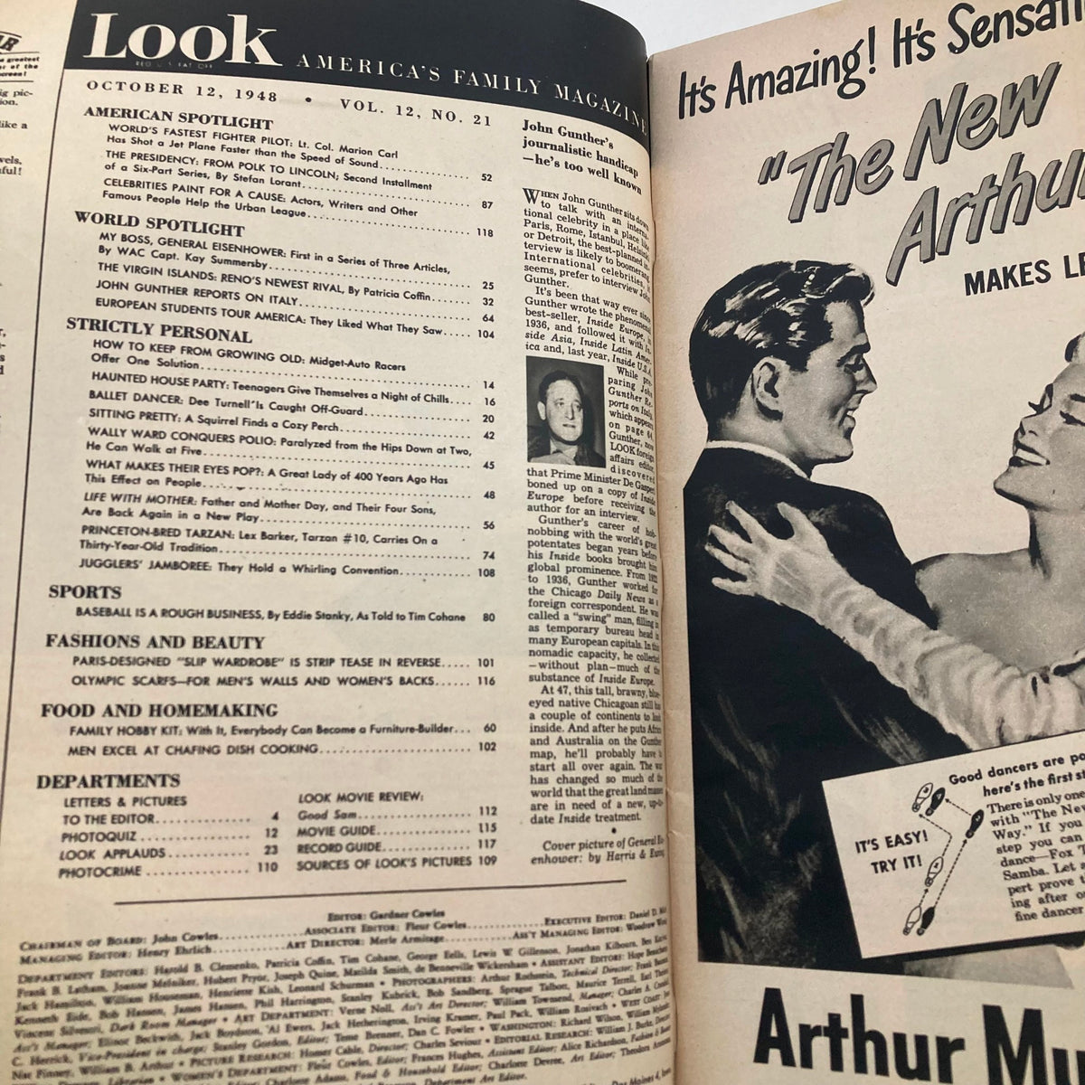 Inside page of VTG Look Magazine October 12 1948, Vol 12 No. 21 showcasing articles, including one about General Dwight Eisenhower and various vintage advertisements.
