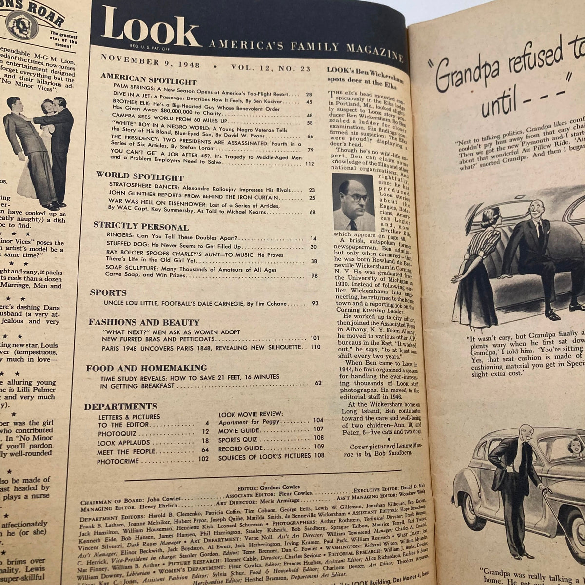 Table of contents from VTG Look Magazine November 9, 1948, showcasing articles and themes from Volume 12, Number 23.