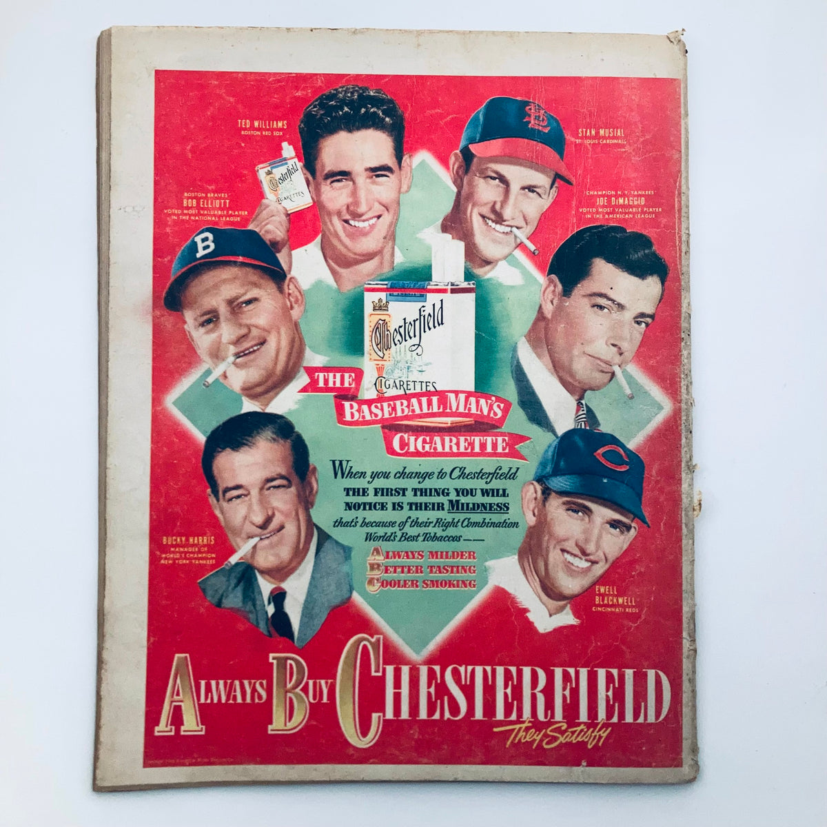 Cover of VTG Look Magazine April 27 1948, featuring a vintage advertisement for Chesterfield cigarettes with prominent baseball players.