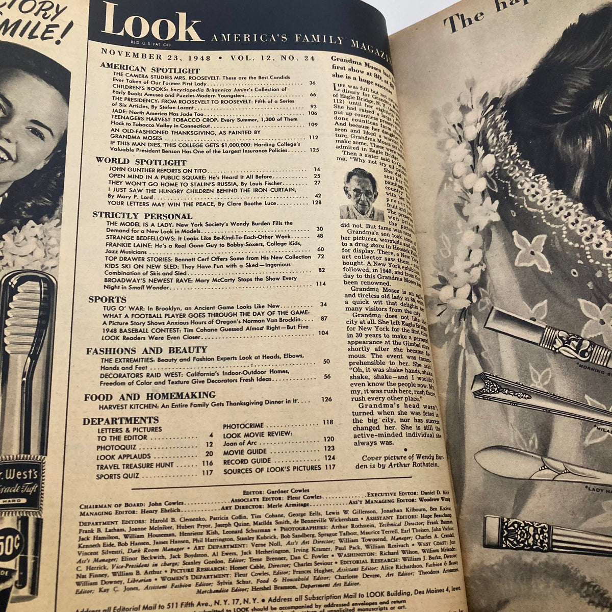 Inside page of VTG Look Magazine November 23 1948, Vol 12 No. 24 displaying the table of contents, highlighting articles on American spotlight, world spotlight, and fashion, showcasing the magazine's rich historical context and diverse topics from the era.