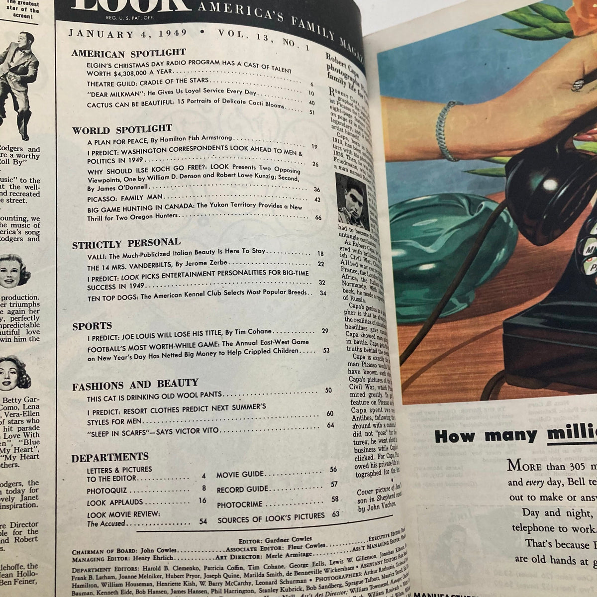 Interior page of VTG Look Magazine January 4, 1949 displaying the table of contents and feature articles reflecting post-war American society.