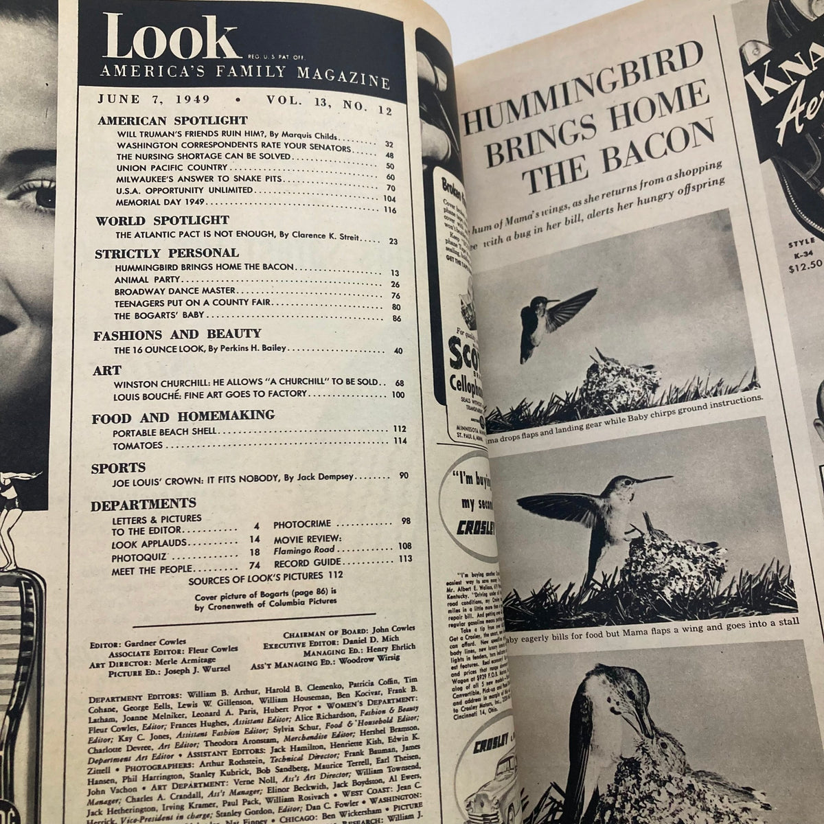 Table of contents from Vintage Look Magazine June 7, 1949, Volume 13, Number 12 including sections on American Spotlight and Fashions and Beauty