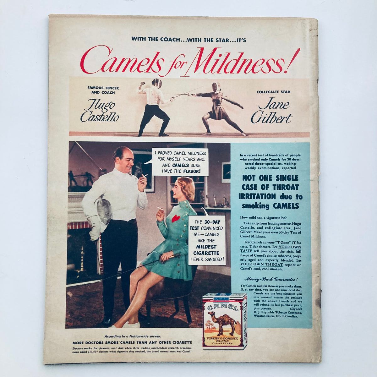 Advertisement from Vintage Look Magazine June 7, 1949, Volume 13, Number 12 promoting Camel cigarettes featuring Hugo Castello and Jane Gilbert