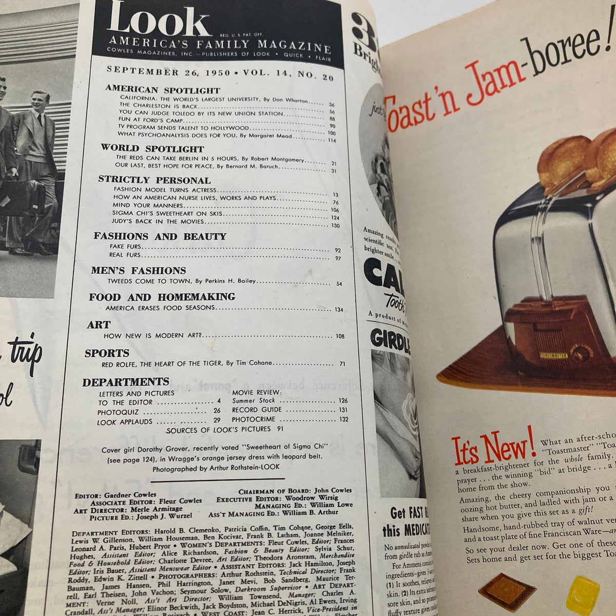 Interior page of VTG Look Magazine September 26 1950 listing article titles and features, displaying the magazine's content highlights.