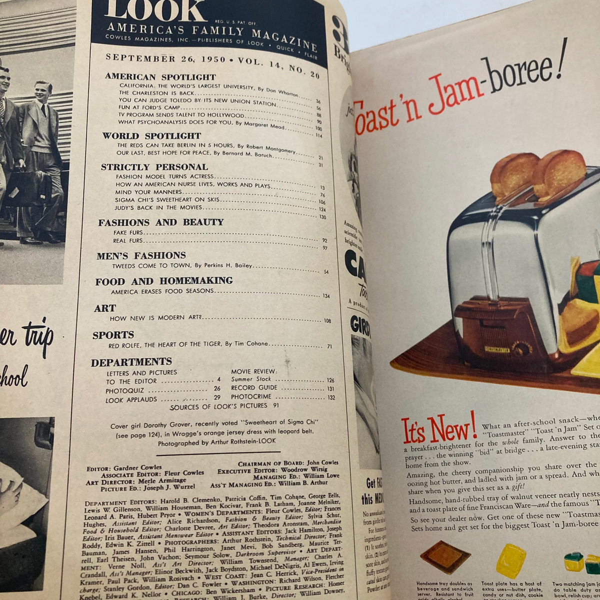 Inside page of VTG Look Magazine September 26 1950, showing the table of contents, with articles on fashion, food, and culture.