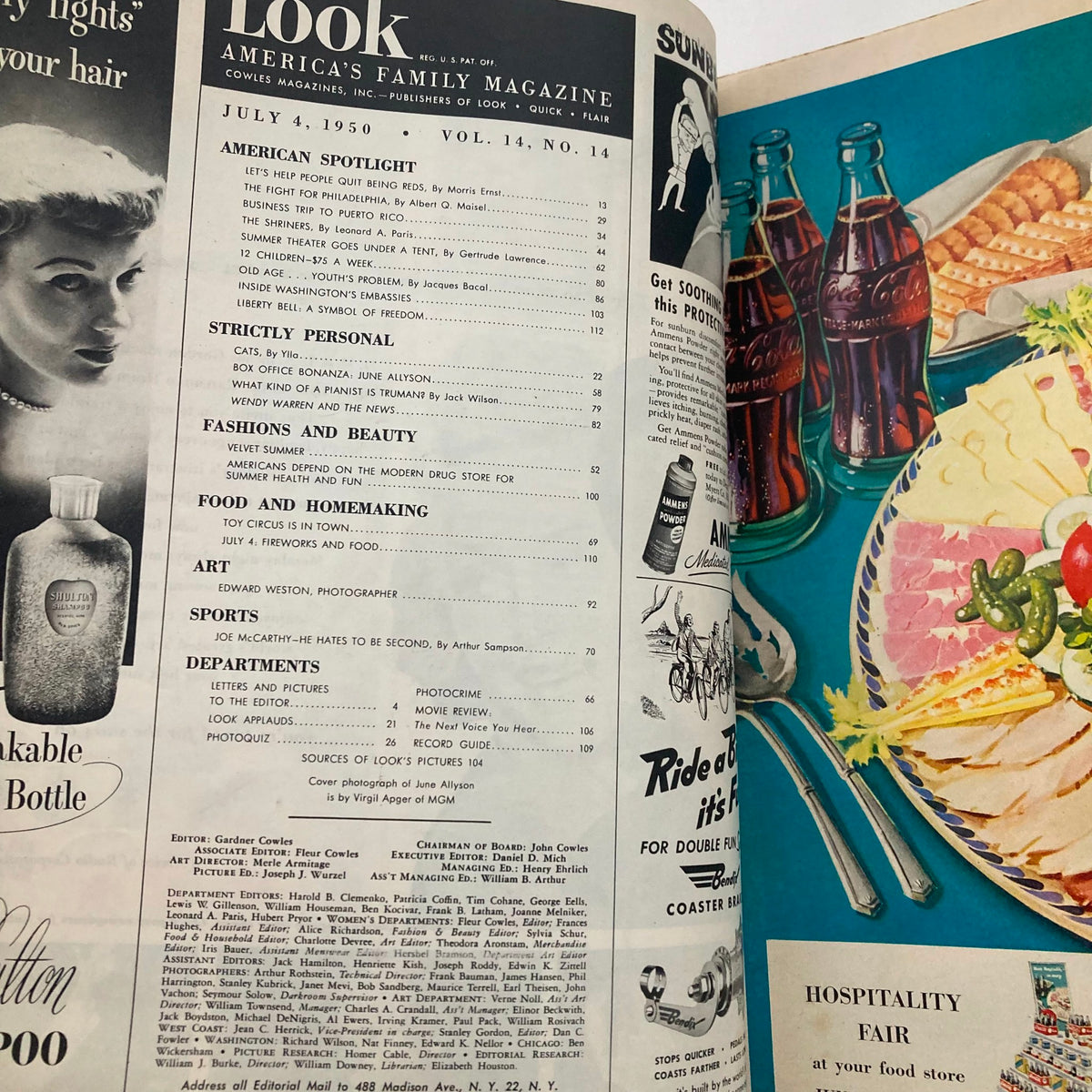 Interior page of VTG Look Magazine July 4 1950, Vol 14 No. 14 featuring a table of contents with featured articles and advertisements.