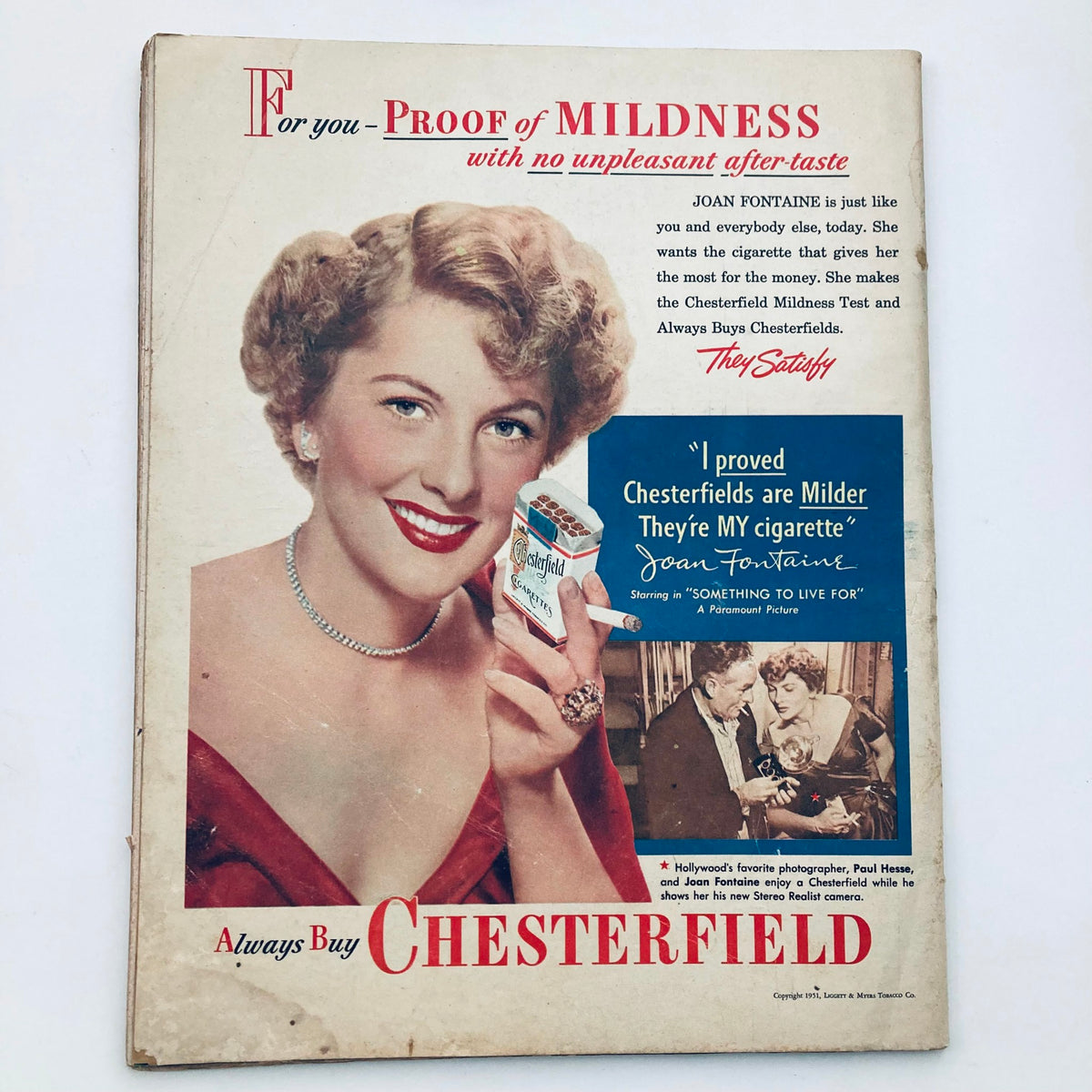 Cover of VTG Look Magazine from April 24, 1951, showcasing an advertisement featuring Joan Fontaine promoting Chesterfield cigarettes with a quote, adding to the vintage charm and cultural significance of the early 1950s.