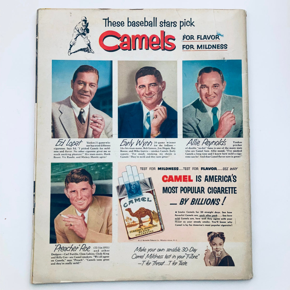 Vintage Look Magazine May 20, 1952 featuring baseball stars endorsing Camels cigarettes, showcasing Ed Lopat, Early Wynn, Allie Reynolds, and Preacher Roe on the cover.