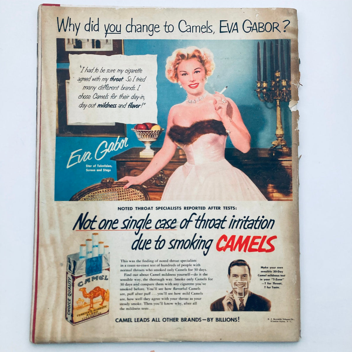 Back cover of VTG Look Magazine February 26, 1952, Vol 16 No. 5 featuring an advertisement with actress Eva Gabor promoting Camel cigarettes.