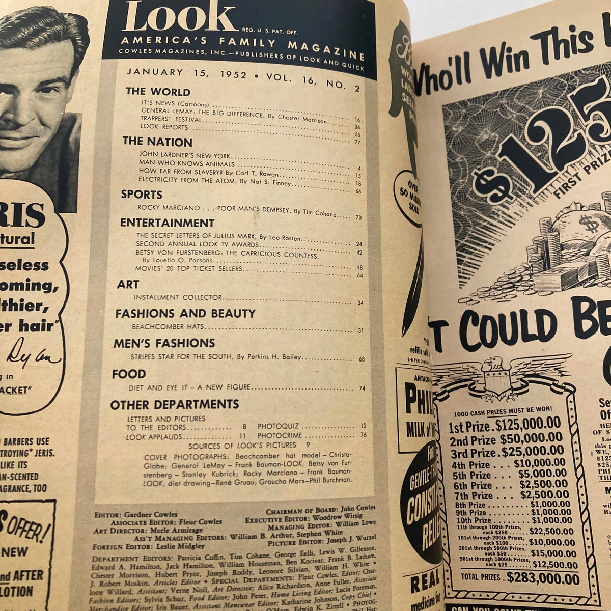 Interior page of Look Magazine January 15, 1952, displaying the table of contents and highlighting articles on General LeMay, fashion, sports, and entertainment.