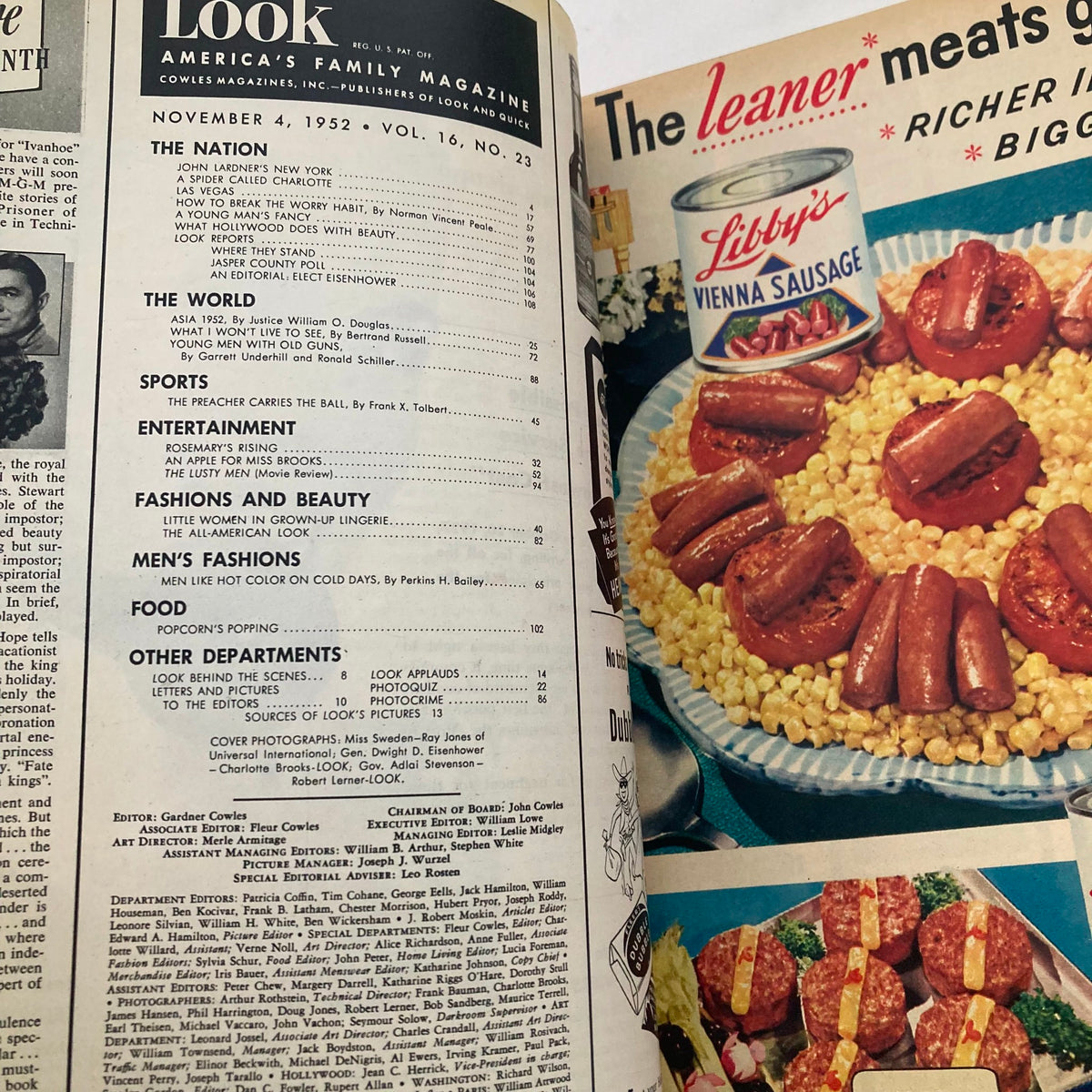 Inside pages of Look Magazine November 4, 1952, displaying the table of contents for Volume 16, No. 23, featuring articles on various topics including politics and culture.