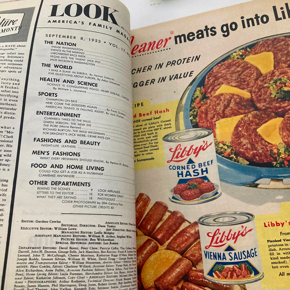 Interior page of VTG Look Magazine September 8 1953 displaying magazine articles and advertisements, including a highlight on Libby's products.
