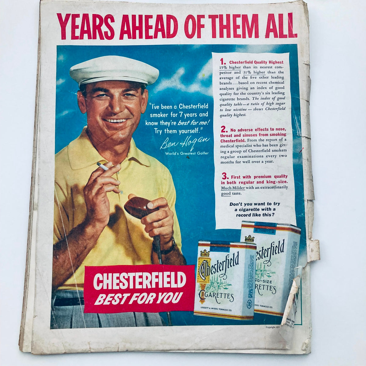 Back cover of VTG Look Magazine September 8 1953 showcasing an advertisement for Chesterfield cigarettes featuring golfer Ben Hogan.