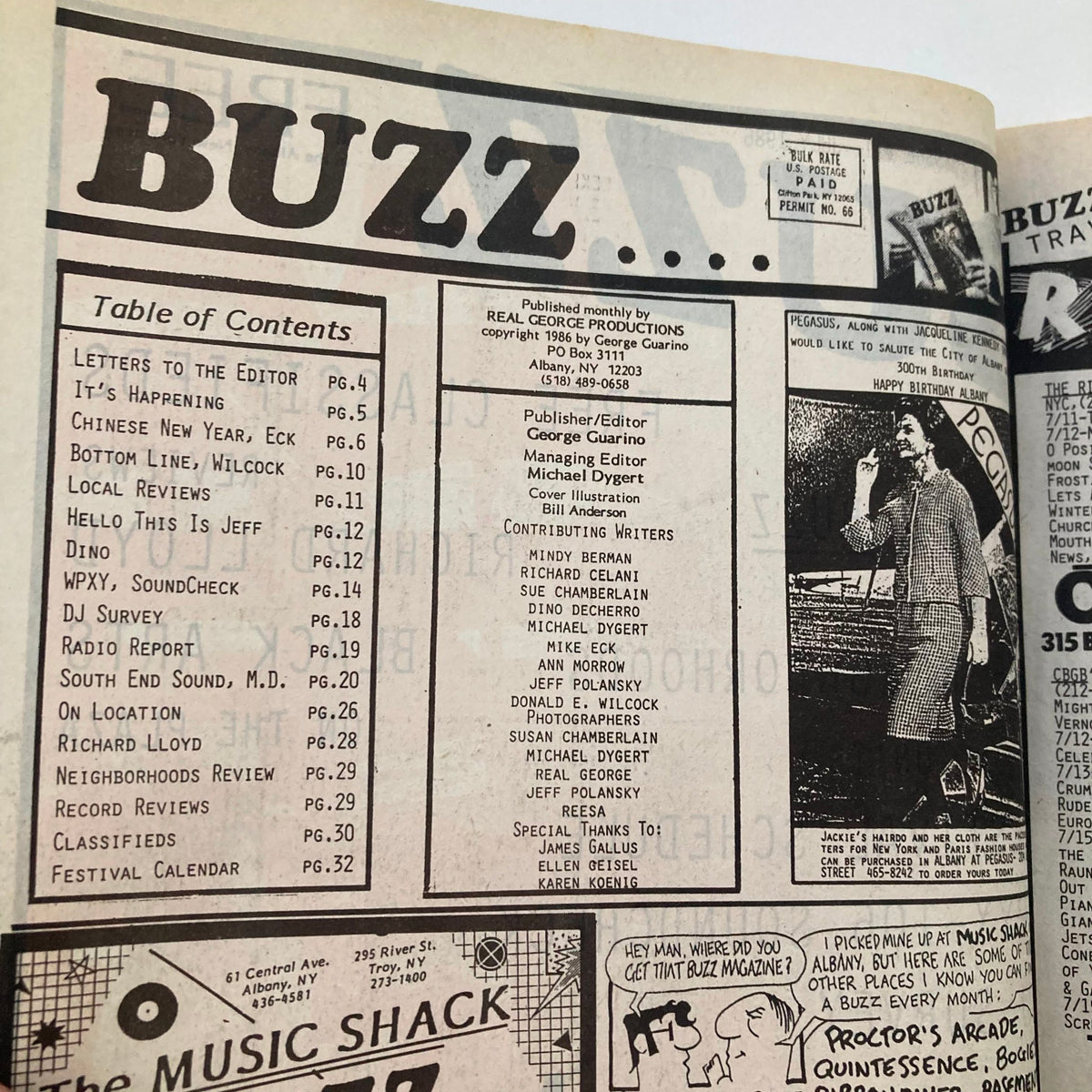 Table of Contents page from the VTG Buzz Music Magazine July 1986 Vol 11 #11, detailing various articles including letters to the editor, local reviews, and features on influential bands.