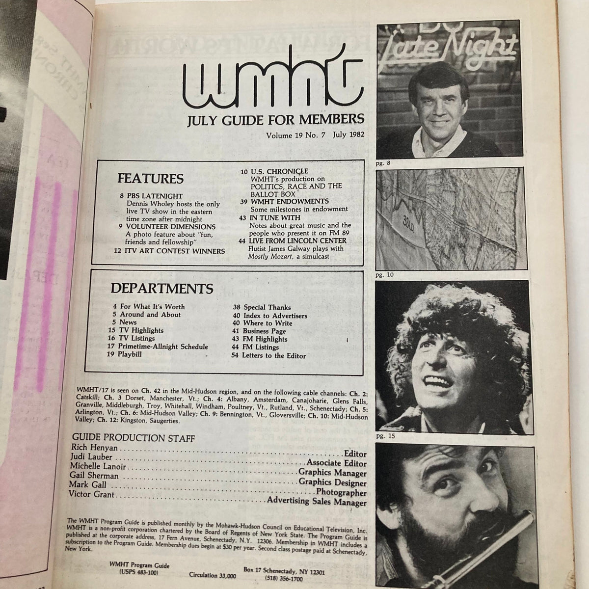 Page from VTG WMHT Program Guide Magazine July 1982, listing features and departments, including a section on Dennis Wholey's show.