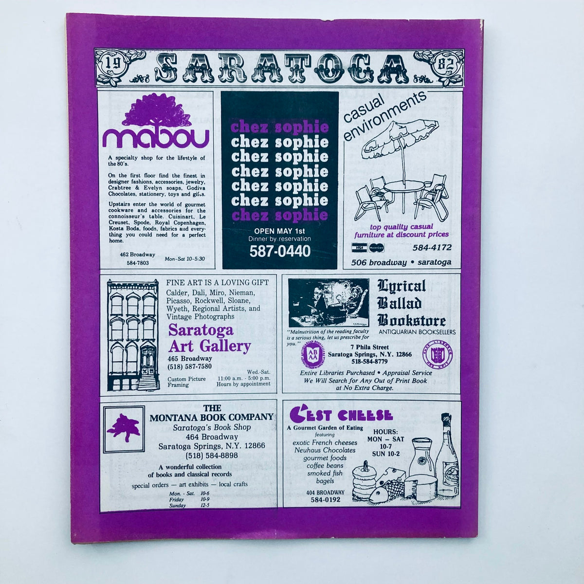 Back cover of VTG WMHT Program Guide Magazine July 1982, showcasing ads for local Saratoga businesses.