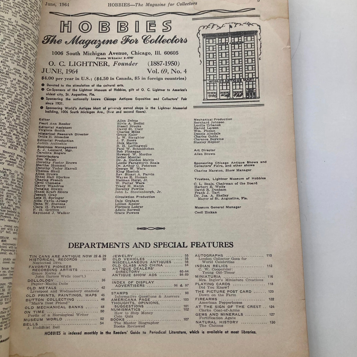 Inside page of VTG Hobbies Magazine June 1964, Vol 69 No. 4, displaying the magazine's contents and features.