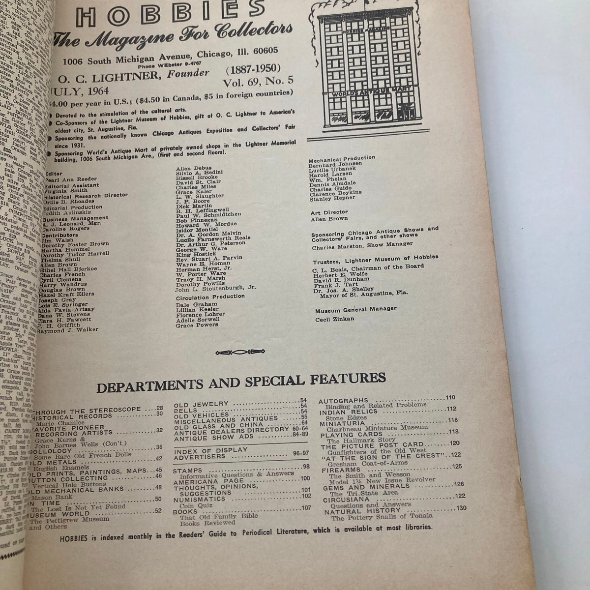 Interior page of VTG Hobbies Magazine July 1964 Vol 69 No. 5 displaying the table of contents and features, highlighting various departments related to collectible hobbies.