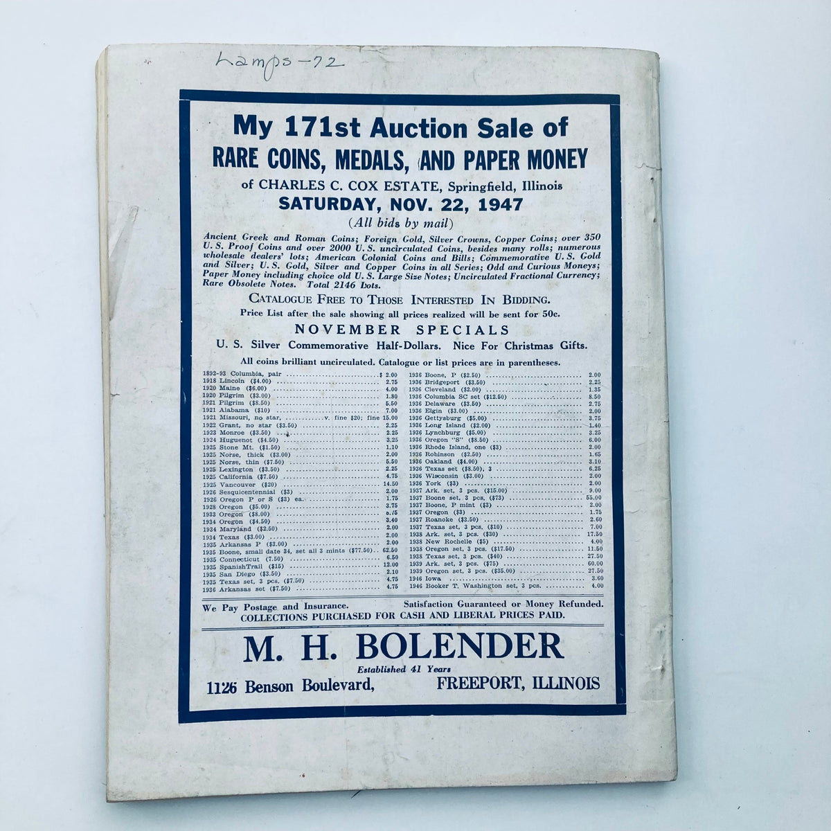 VTG Hobbies Magazine November 1947 - Cover page featuring details about an auction sale of rare coins, medals, and paper money, including a list of commodities and their values.