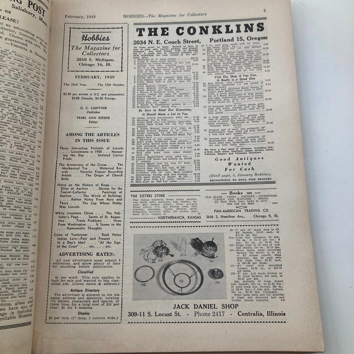 Interior page of VTG Hobbies Magazine February 1949 No. 12 highlighting articles including three portraits of Abraham Lincoln.