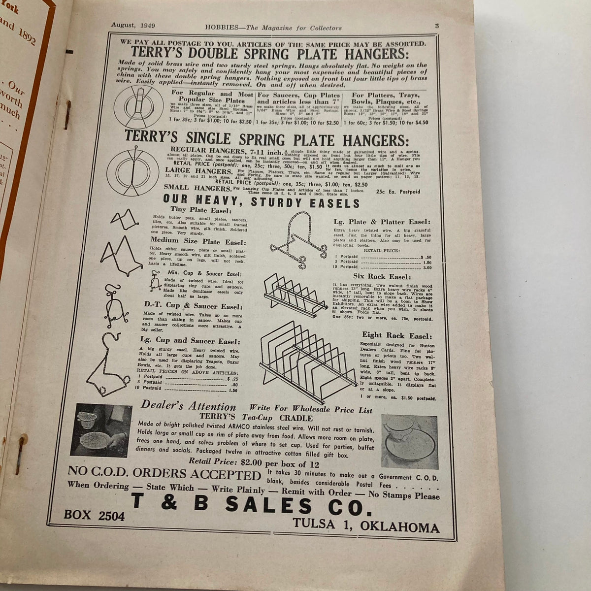 Interior page of VTG Hobbies Magazine August 1949, showcasing advertisements for various easels, highlighting their sturdy design.