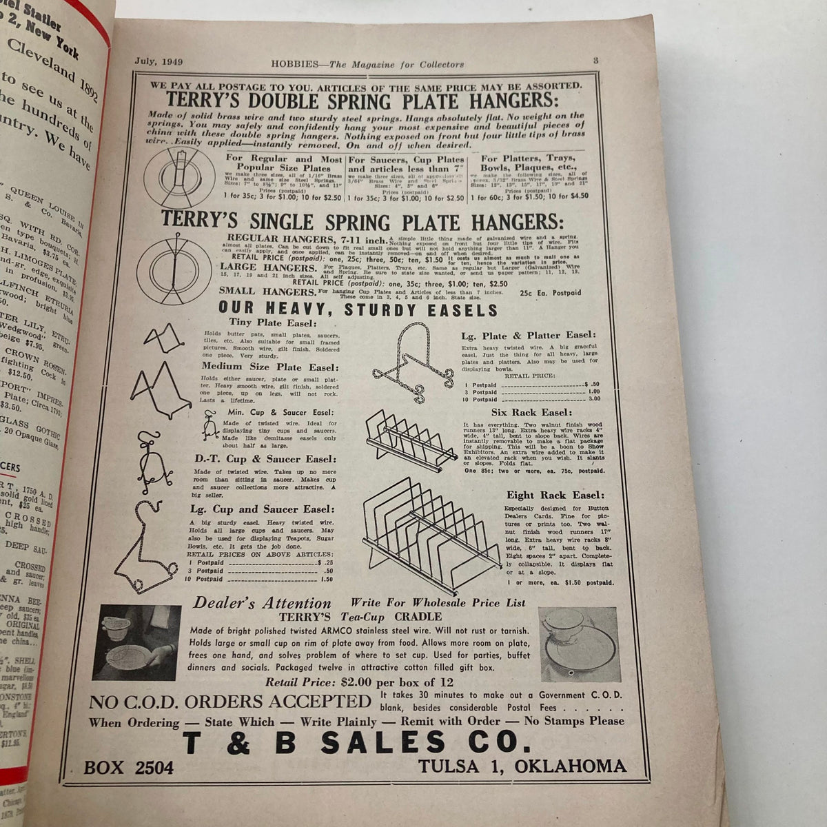 Vintage advertisement page from VTG Hobbies Magazine July 1949 featuring Terry's Double and Single Spring Plate Hangers and Sturdy Easels.