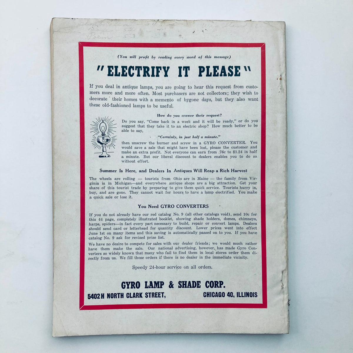 Back cover of VTG Hobbies Magazine July 1949 advertising Gyro Lamp & Shade Corp with electric lamp services.