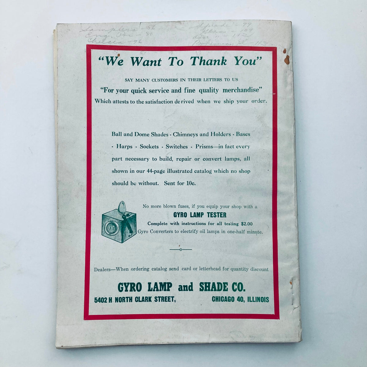 Back cover of VTG Hobbies Magazine December 1949 displaying a thank you note to customers from a lamp company, highlighting its vintage charm.