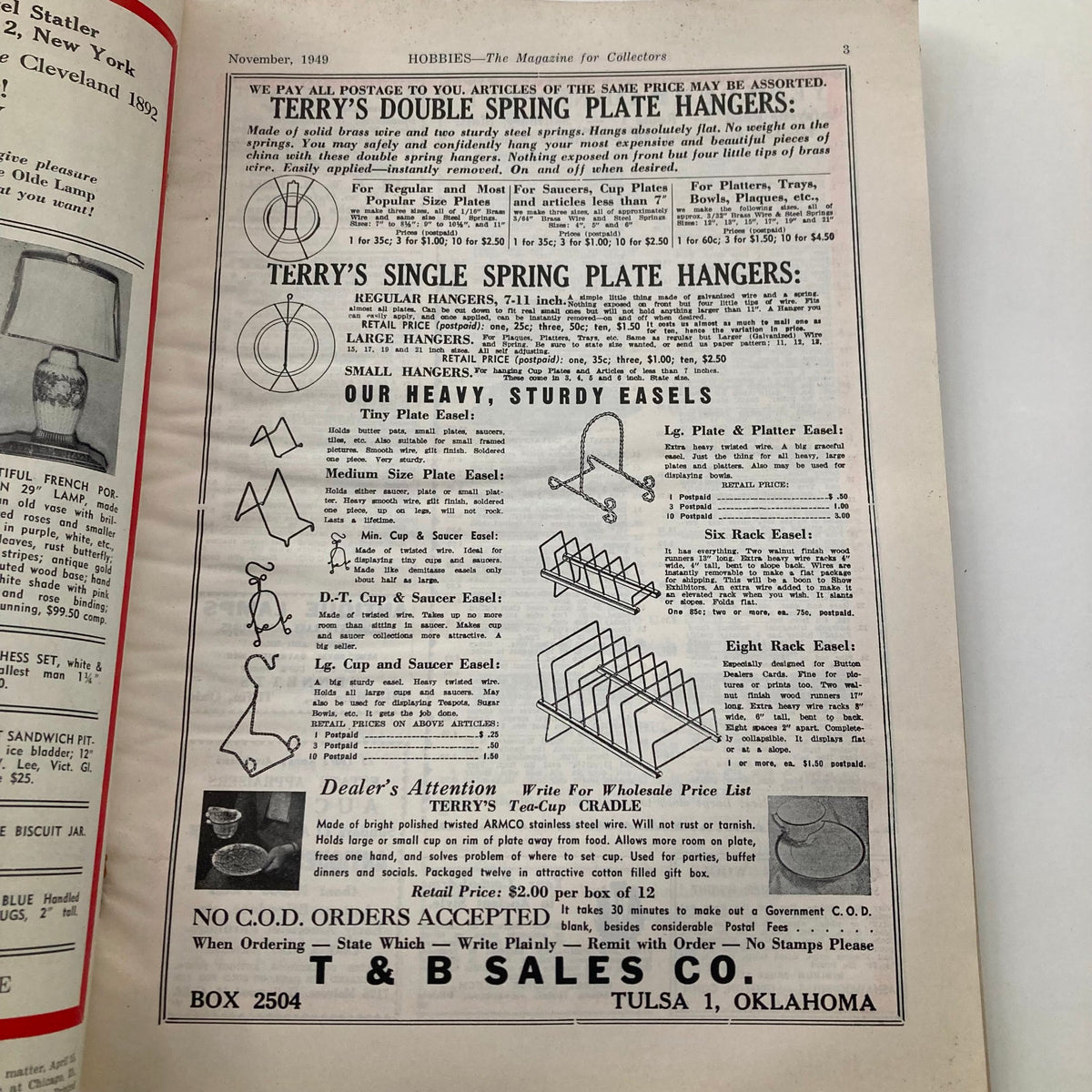 Inside page of VTG Hobbies Magazine November 1949 featuring an advertisement for Terry's double spring plate hangers.