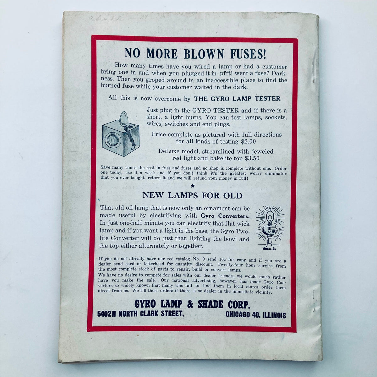 Back page of VTG Hobbies Magazine November 1949 with an advertisement for Gyro lamp testers and converters.