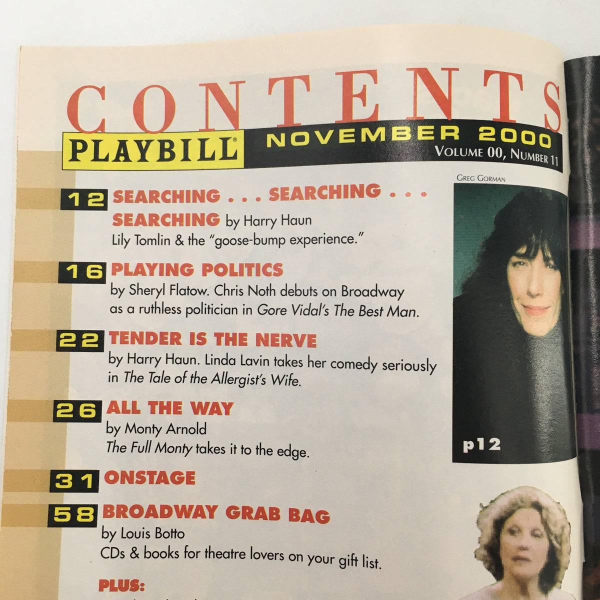 Contents page of the November 2000 Playbill, showcasing various articles and features including a focus on Broadway.