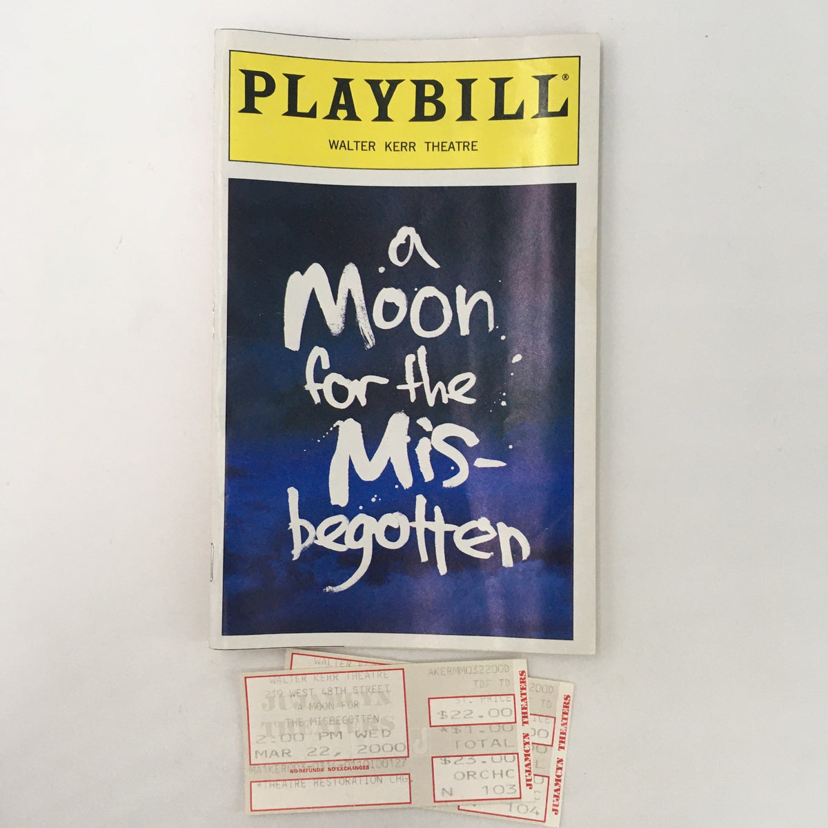 2000 Playbill for 'A Moon For The Misbegotten' at Walter Kerr Theatre, accompanied by original performance tickets.