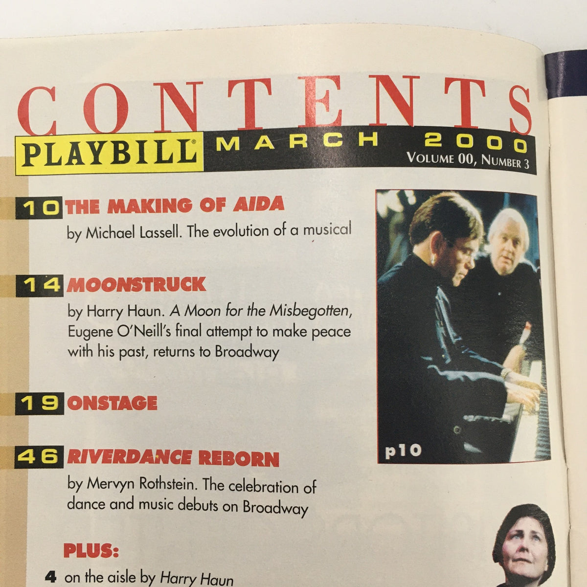 Playbill contents page for March 2000, featuring highlights of 'A Moon For The Misbegotten' by Paul Hewitt.