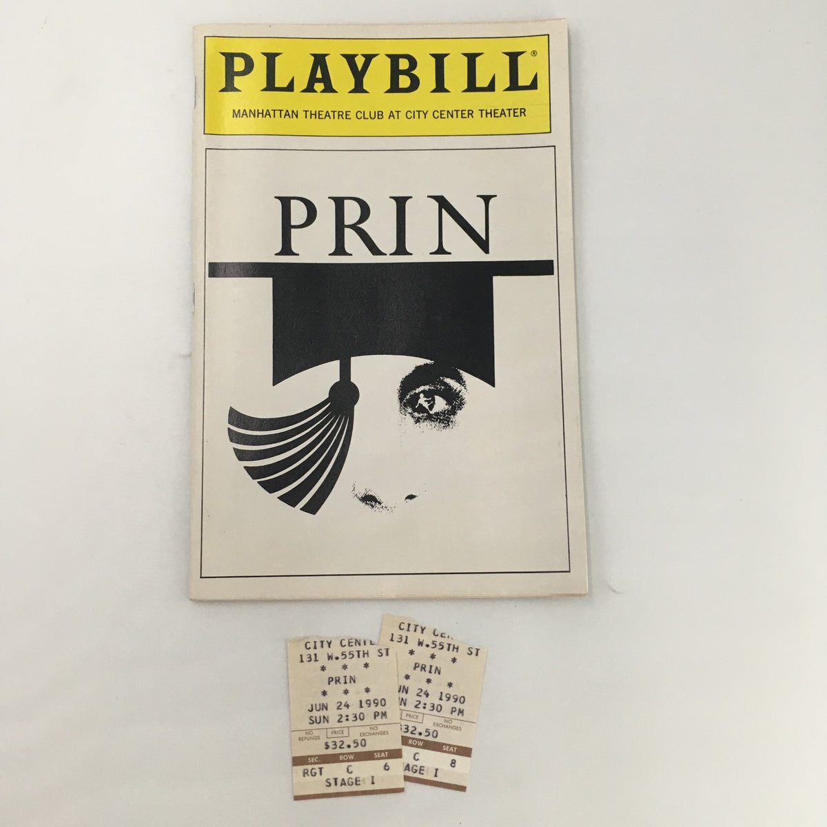 1990 Playbill for 'Prin' by Andrew Davies displayed with two original ticket stubs, highlighting a unique theatre collectible from Manhattan Theatre Club at City Center Theater.