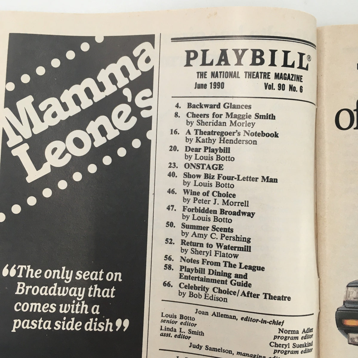 Inside page of a 1990 Playbill for 'Prin' by Andrew Davies, featuring 'Mamma Leone's' advertisement alongside other contents of the June 1990 issue.