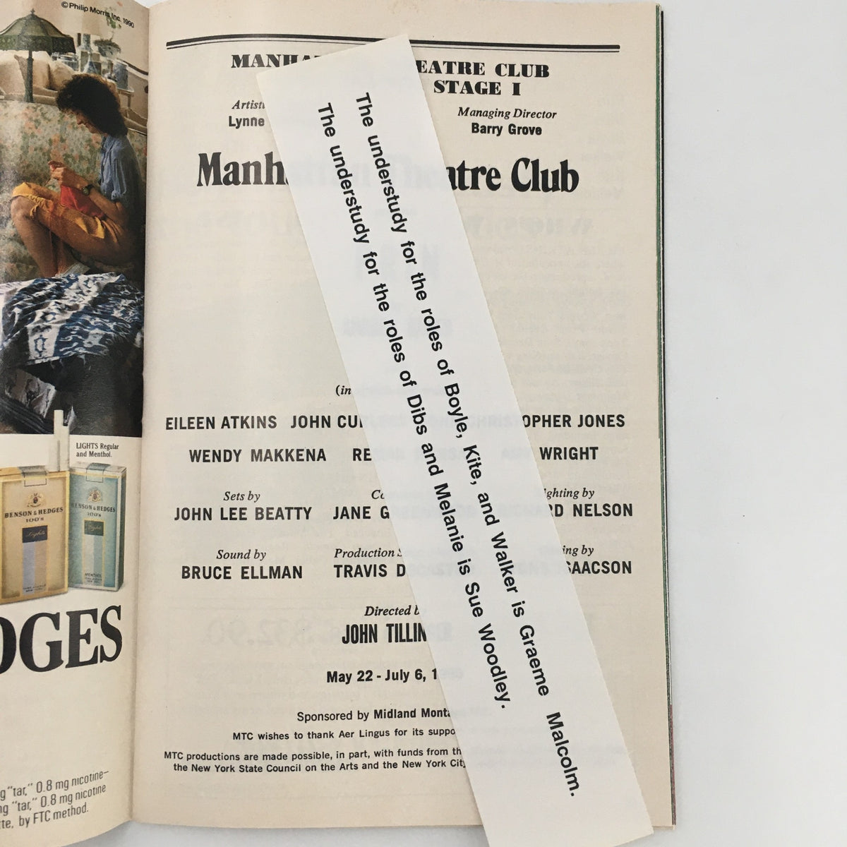 Inside view of the 1990 Playbill for 'Prin' by Andrew Davies showcasing the Manhattan Theatre Club Stage I with cast details and creative credits.