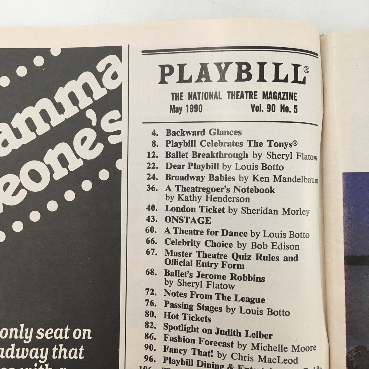 1990 Playbill Mitzi E. Newhouse ‘Six Degrees of Separation’ by John Guare, showcasing the contents page of the magazine, including notable articles and features about the theatre and performances.