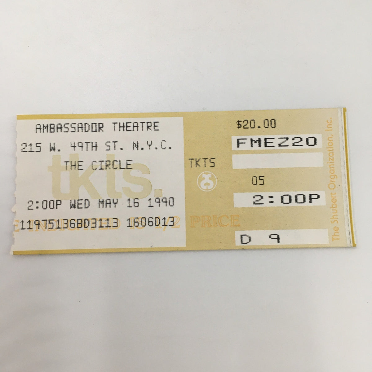 Original ticket for ‘The Circle’ at the Ambassador Theatre, dated May 16, 1990, featured alongside the 1990 Playbill.