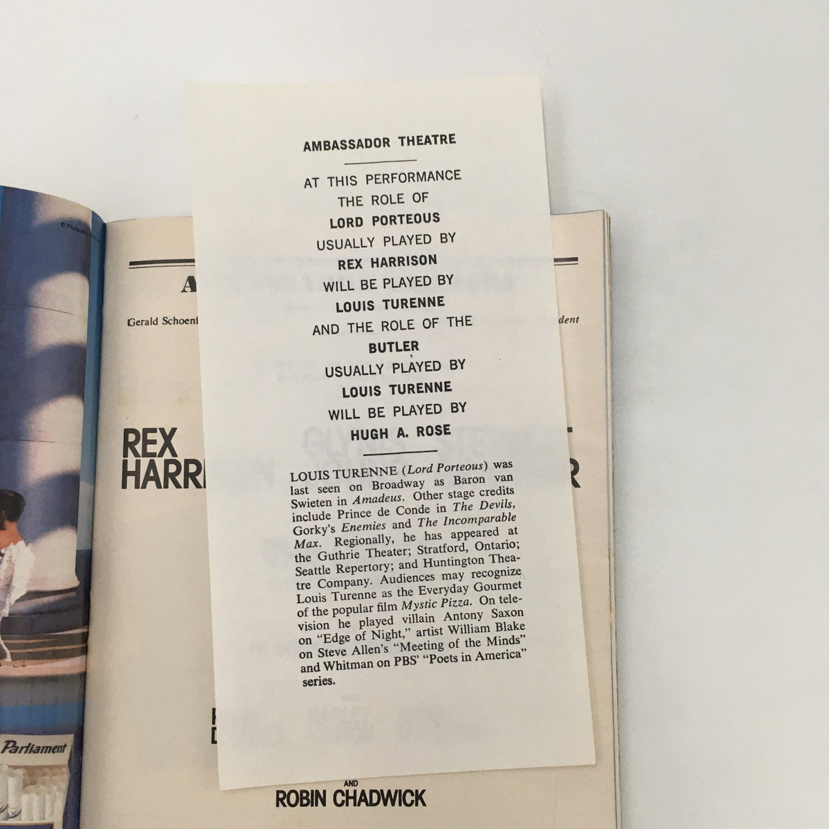 1990 Playbill Ambassador Theatre ‘The Circle’ with detached information paper detailing roles and cast members for specific performances.
