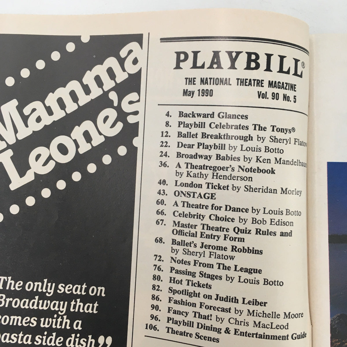 Inside page of the 1990 Playbill for 'Ice Cream with Hot Fudge', featuring theater-related content and details from the May 1990 issue.