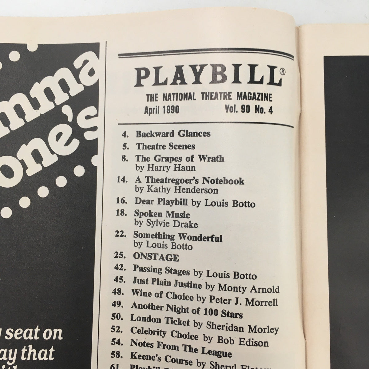 Inside page of the 1990 Playbill Lucille Lortel Theatre ‘Mountain’ by Douglas Scott, displaying content from the National Theatre Magazine with various article titles.