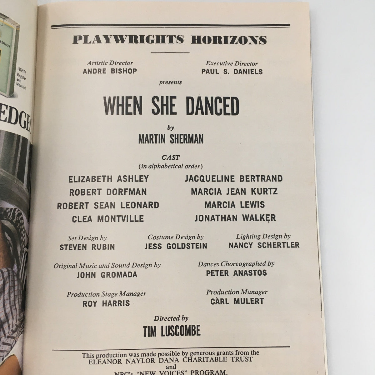 Inside page of the 1990 Playbill featuring details about the production ‘When She Danced’ by Martin Sherman and cast information.
